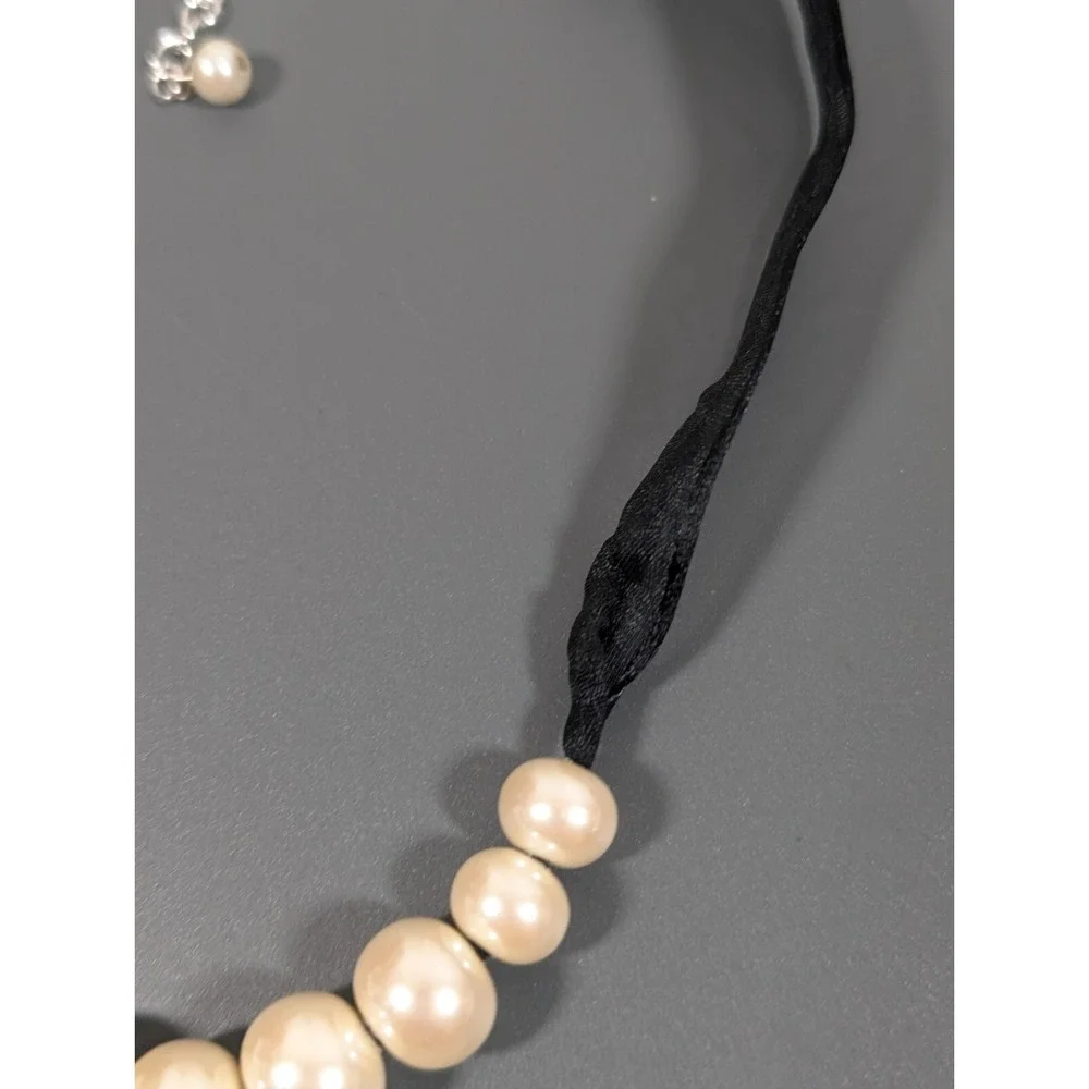 Retro Black Ribbon Choker Necklace Faux Pearl Charms 17‎ in